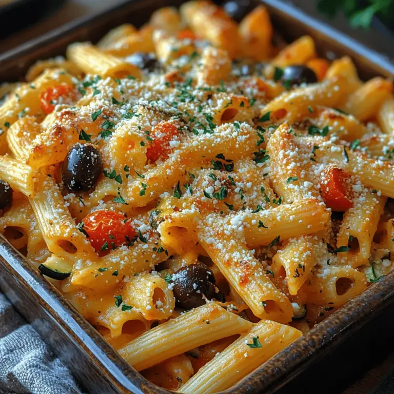 The Mediterranean Dream Pasta Bake is a delightful fusion of flavors that transports your taste buds to the sunny coasts of the Mediterranean. This wholesome dish not only tantalizes your palate but also embodies a celebration of fresh, vibrant ingredients that are central to Mediterranean cuisine. Each bite bursts with the rich tastes of sun-ripened vegetables, creamy cheeses, and aromatic herbs, making it an ideal choice for family dinners, gatherings with friends, or even meal prep for the week ahead.