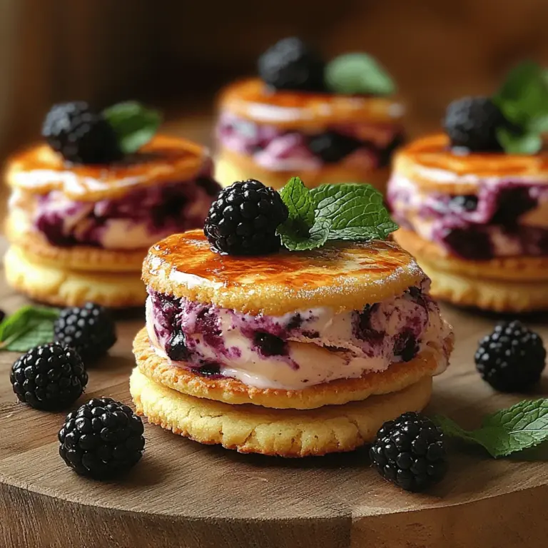 Discover the perfect combination of flavors and textures with Zesty Lemon Blackberry Bliss Ice Cream Sandwiches. This delightful dessert features soft, lemon-infused cookies paired with creamy blackberry ice cream, creating a refreshing treat that is ideal for warm weather gatherings or a sweet indulgence any time of year. The vibrant flavors of lemon and blackberry come together to offer a burst of freshness that is sure to delight your taste buds.