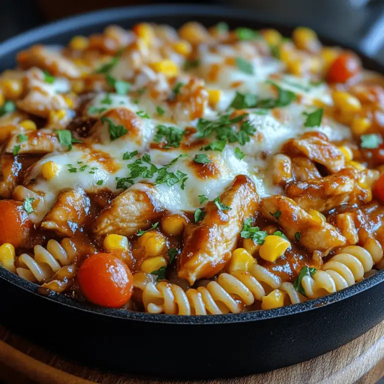 BBQ Chicken Pasta Skillet is a delightful and hearty dish that combines the smoky sweetness of BBQ sauce with tender chicken, colorful vegetables, and al dente rotini pasta. This dish is not only a feast for the taste buds but also a visual delight, showcasing a medley of vibrant colors and textures. Perfect for busy weeknights or casual gatherings, this one-pan meal is incredibly satisfying and can be prepared in under 30 minutes, making it an ideal choice for those looking to whip up something delicious without spending hours in the kitchen.