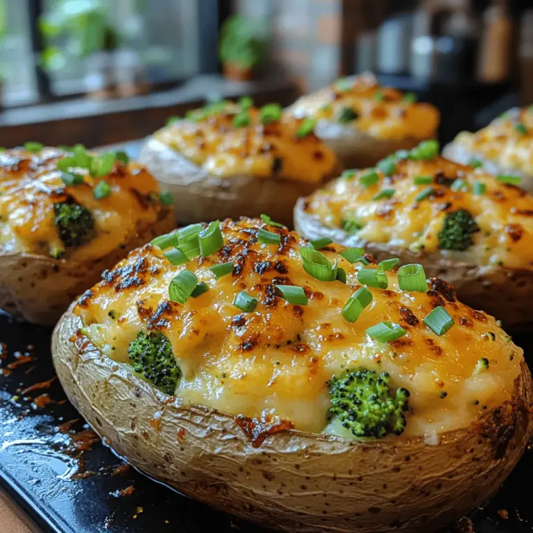 Cheesy Broccoli Bliss Twice Baked Potatoes are the ultimate comfort food that beautifully marries the heartiness of baked potatoes with the vibrant flavors of fresh broccoli and rich cheese. This dish is not only a feast for the eyes with its deliciously golden, cheesy topping but also a delightful blend of textures that will make your taste buds sing. The creamy filling, enhanced with savory cheese and tender broccoli, brings a satisfying warmth that makes it perfect for any meal, whether you're enjoying a cozy weeknight dinner or impressing guests at a gathering.