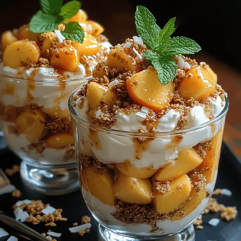 As the summer sun shines bright, there's nothing quite like a refreshing dessert to cool you down and satisfy your sweet tooth. Enter the Tropical Dream Coconut Cream Peach Parfaits, a delightful treat that perfectly combines the luscious flavors of ripe peaches with the rich, creamy texture of coconut cream. This dessert is a celebration of the season’s best offerings, bringing together the sweetness of fresh fruits and the tropical essence of coconut, making it an ideal choice for summer gatherings or a simple family treat.