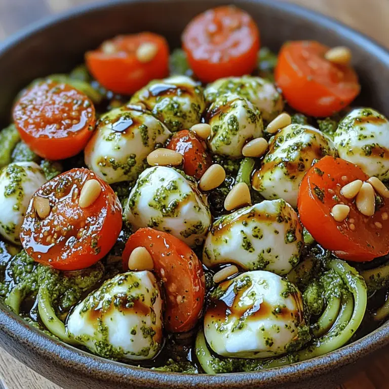 The Fresh Caprese Pesto Zoodle Bowl is a vibrant and health-conscious dish that marries the classic flavors of a Caprese salad with the delightful lightness of zucchini noodles, commonly referred to as zoodles. This culinary creation is perfect for anyone seeking a nutritious meal that doesn't compromise on taste or satisfaction. With the bright hues of cherry tomatoes, the creaminess of fresh mozzarella, and the aromatic essence of basil, this bowl is not only visually appealing but also a symphony of flavors that dance on the palate.