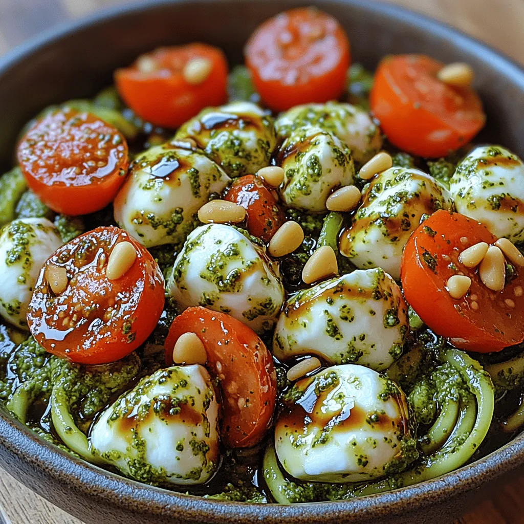 The Fresh Caprese Pesto Zoodle Bowl is a vibrant and health-conscious dish that marries the classic flavors of a Caprese salad with the delightful lightness of zucchini noodles, commonly referred to as zoodles. This culinary creation is perfect for anyone seeking a nutritious meal that doesn't compromise on taste or satisfaction. With the bright hues of cherry tomatoes, the creaminess of fresh mozzarella, and the aromatic essence of basil, this bowl is not only visually appealing but also a symphony of flavors that dance on the palate.
