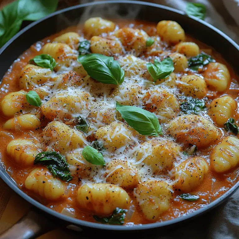 Creamy Tomato Gnocchi Skillet is a delightful dish that marries the comforting textures of pillowy gnocchi with a rich, velvety tomato sauce. This recipe is not only a feast for the eyes but also a comforting hug for the taste buds, making it an ideal choice for busy weeknights or a cozy weekend dinner. With its balance of flavors, nutritious ingredients, and simple preparation, this dish promises to satisfy both the palate and the soul.