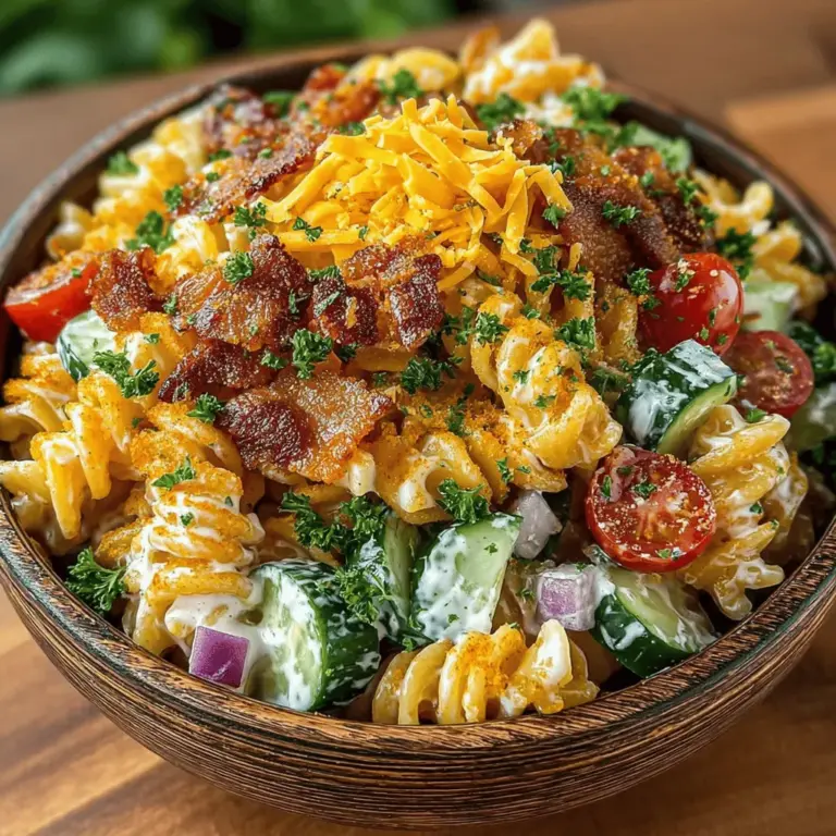 Bacon Ranch Pasta Salad is a delightful and versatile dish that brings together the savory richness of crispy bacon, the freshness of vibrant vegetables, and the creamy indulgence of ranch dressing. This pasta salad stands out for its mouthwatering combination of flavors and textures, making it a crowd-pleaser for various occasions. Whether you’re hosting a summer picnic, preparing for a family gathering, or attending a potluck with friends, this dish is sure to be a hit. Its balanced ingredients appeal to both adults and children alike, making it a favorite at any table.