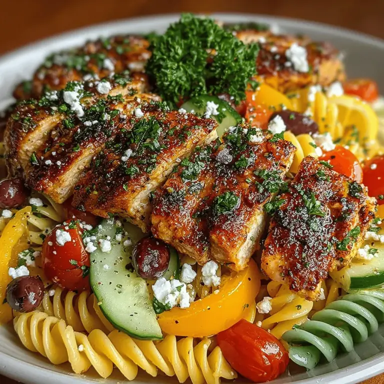 In the vibrant world of Mediterranean cuisine, few dishes capture the essence of summer like a refreshing pasta salad. The Sunny Mediterranean Pasta Delight is not just a meal; it’s a celebration of fresh ingredients, colors, and flavors that transport you to sun-soaked shores. Picture yourself on a warm, breezy day, surrounded by friends and family, as you share this delightful dish that embodies the spirit of the Mediterranean lifestyle. This recipe is perfect for gatherings, meal prep, or even a light dinner. Featuring whole grain rotini, tender chicken, and a medley of vegetables, this dish is nutritious, satisfying, and incredibly easy to make.