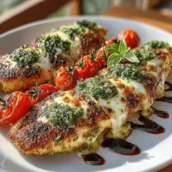 Baked Pesto Mozzarella Chicken is a dish that perfectly marries flavor, nutrition, and convenience. This delightful recipe showcases tender, juicy chicken breasts topped with a vibrant blend of basil pesto, creamy mozzarella, and ripe cherry tomatoes. The appeal of this dish lies not only in its enticing flavor profile but also in its visual presentation, making it an excellent choice for both casual weeknight dinners and elegant gatherings. The combination of aromatic basil, savory garlic, and melty cheese creates a symphony of tastes that is sure to impress family and friends alike.