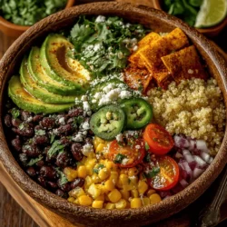 To create the heart of your Southwestern Black Bean and Quinoa Bowls, begin by preparing the black bean mixture. In a large mixing bowl, combine 1 can (15 ounces) of drained and rinsed black beans with 1 cup of sweet corn (fresh or frozen). Sweet corn adds a delightful crunch and natural sweetness, which beautifully balances the savory elements of the dish.