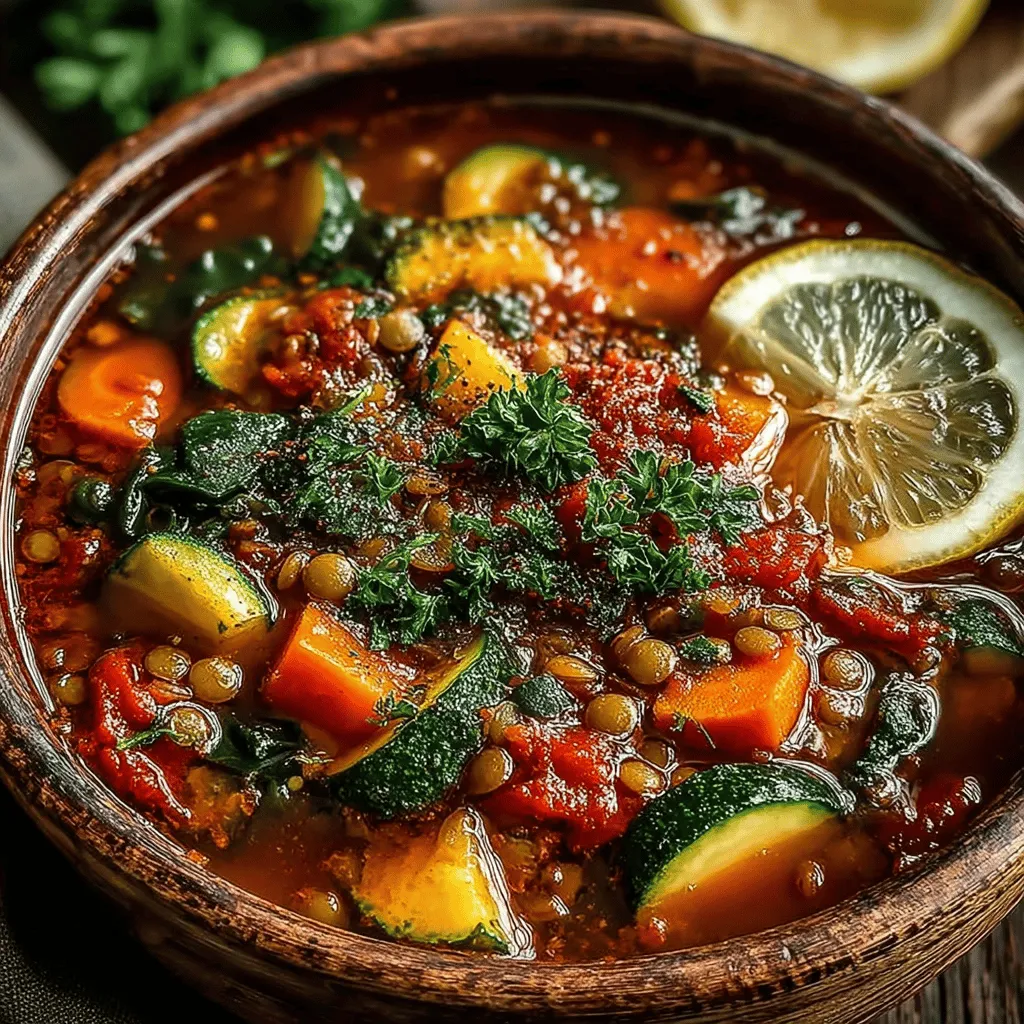- 1 cup green or brown lentils, rinsed and drained - 1 tablespoon olive oil - 1 medium onion, diced - 2 cloves garlic, minced - 2 medium carrots, chopped - 2 stalks celery, chopped - 1 medium zucchini, diced - 1 red bell pepper, chopped - 1 teaspoon dried thyme - 1 teaspoon ground cumin - 1 teaspoon smoked paprika - 6 cups vegetable broth - Salt and pepper, to taste - Fresh parsley, for garnish (optional)