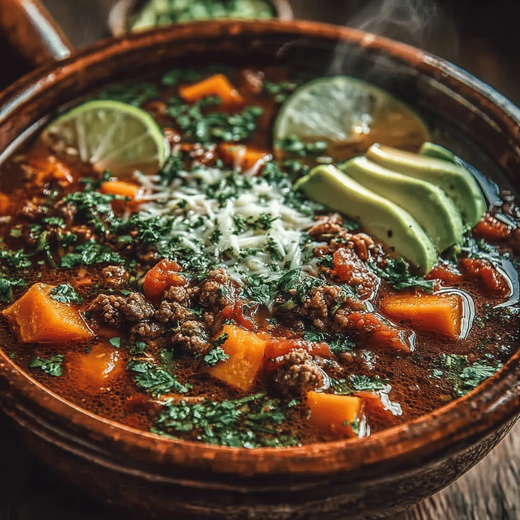 - 1 pound ground turkey - 1 medium sweet potato, peeled and diced - 1 medium onion, chopped - 2 cloves garlic, minced - 1 can (15 ounces) kidney beans, drained and rinsed - 1 can (15 ounces) black beans, drained and rinsed - 1 can (28 ounces) diced tomatoes, with juices - 2 cups chicken broth - 2 tablespoons chili powder - 1 teaspoon ground cumin - 1 teaspoon smoked paprika - 1/4 teaspoon cayenne pepper (adjust to taste) - Salt and pepper, to taste - Olive oil, for sautéing - Optional toppings: chopped cilantro, diced avocado, lime wedges