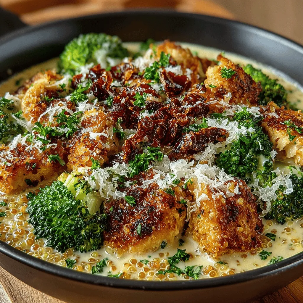 Cooking quinoa is a straightforward yet critical step in preparing the Creamy Chicken and Broccoli Quinoa Skillet. To achieve the perfect fluffy texture, start by rinsing 1 cup of quinoa under cold water for a few minutes. This helps remove saponins, which can impart a bitter flavor. After rinsing, combine the quinoa with 2 cups of water or low-sodium chicken broth in a medium saucepan.