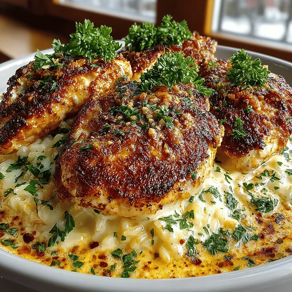 - 4 boneless, skinless chicken breasts - 1 cup Arborio rice - 4 cups chicken broth (homemade or store-bought) - 1 cup heavy cream - 1 cup grated Parmesan cheese - 1 medium onion, finely chopped - 4 cloves garlic, minced - 2 tablespoons olive oil - 1 teaspoon dried thyme - 1 teaspoon dried oregano - Salt and pepper to taste - Fresh parsley for garnish (optional)