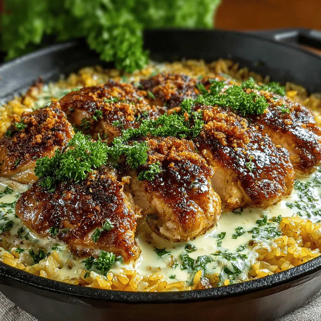 - 4 boneless, skinless chicken breasts - 1 cup Arborio rice - 4 cups chicken broth (homemade or store-bought) - 1 cup heavy cream - 1 cup grated Parmesan cheese - 1 medium onion, finely chopped - 4 cloves garlic, minced - 2 tablespoons olive oil - 1 teaspoon dried thyme - 1 teaspoon dried oregano - Salt and pepper to taste - Fresh parsley for garnish (optional)