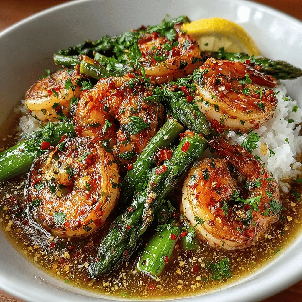 - 1 pound large shrimp, peeled and deveined - 1 bunch asparagus, trimmed and cut into 2-inch pieces - 4 cloves garlic, minced - 1 lemon, zested and juiced - 2 tablespoons olive oil - 1/2 teaspoon red pepper flakes (adjust to taste) - Salt and pepper, to taste - Fresh parsley, chopped (for garnish) - Cooked rice or quinoa (for serving)