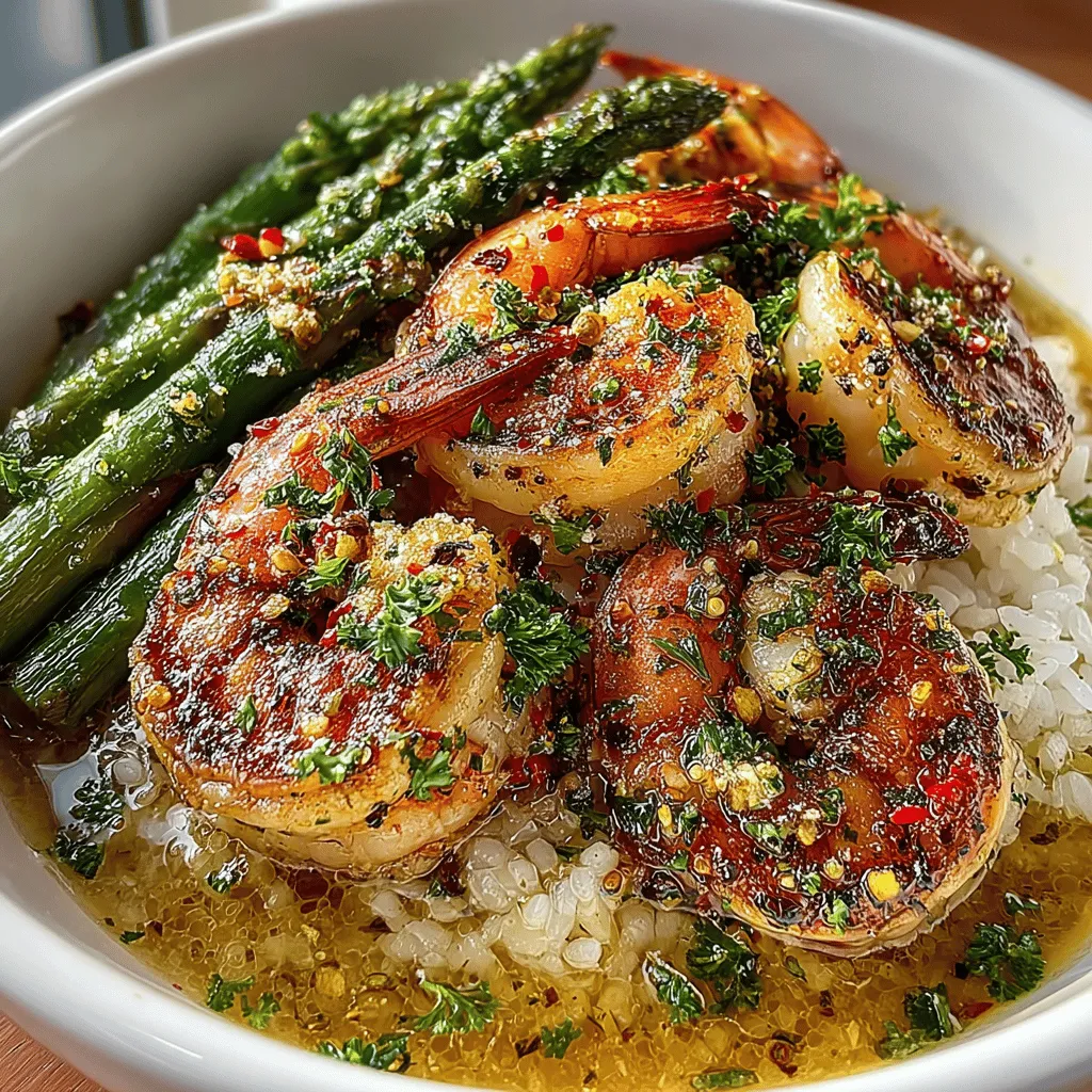 - 1 pound large shrimp, peeled and deveined - 1 bunch asparagus, trimmed and cut into 2-inch pieces - 4 cloves garlic, minced - 1 lemon, zested and juiced - 2 tablespoons olive oil - 1/2 teaspoon red pepper flakes (adjust to taste) - Salt and pepper, to taste - Fresh parsley, chopped (for garnish) - Cooked rice or quinoa (for serving)