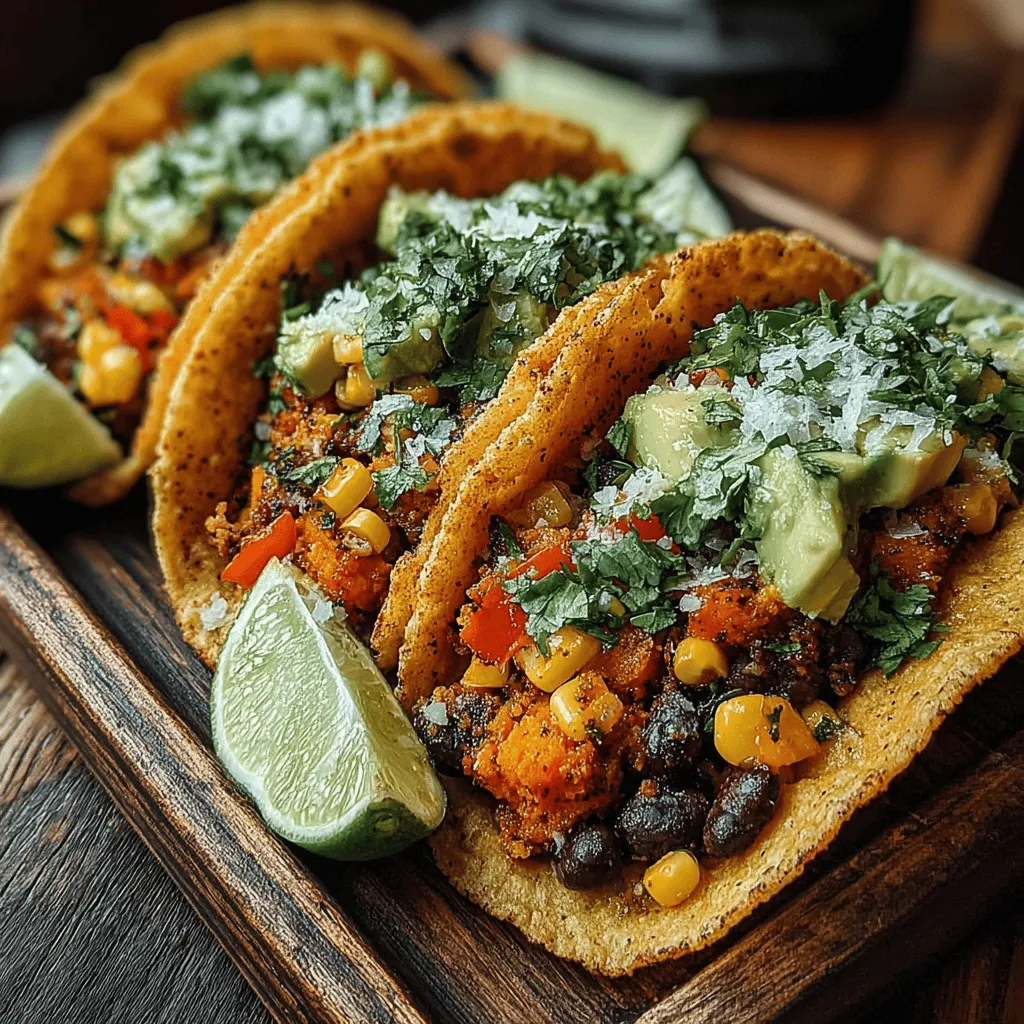 - 2 medium sweet potatoes, peeled and diced - 1 can (15 oz) black beans, rinsed and drained - 1 tablespoon olive oil - 1 teaspoon cumin - 1 teaspoon smoked paprika - 1 teaspoon chili powder - 1 bell pepper, diced (any color) - 1 small onion, diced - 1 cup corn (fresh, frozen, or canned) - Salt and pepper to taste - Fresh cilantro for garnish (optional) - 1 avocado, sliced - 1 lime, cut into wedges - Corn or flour tortillas, for serving