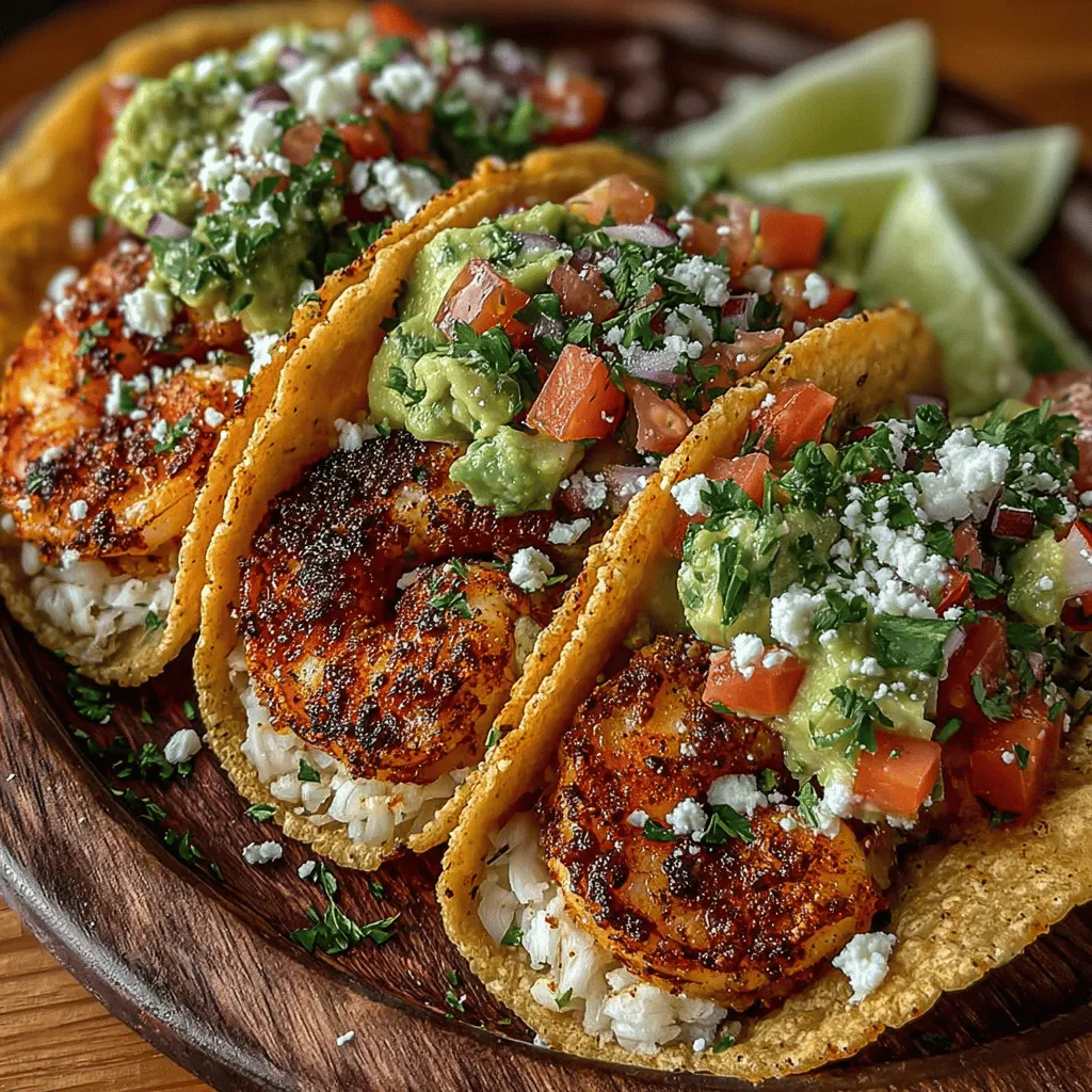 - 1 pound large shrimp, peeled and deveined - 2 tablespoons olive oil - 2 teaspoons chili powder - 1 teaspoon cumin - 1 teaspoon garlic powder - Salt and pepper, to taste - 8 small corn or flour tortillas - 1 ripe avocado, diced - 1 medium tomato, diced - 1/4 cup red onion, finely chopped - 1/4 cup fresh cilantro, chopped - Juice of 1 lime - Optional toppings: sliced jalapeños, sour cream, or crumbled feta cheese
