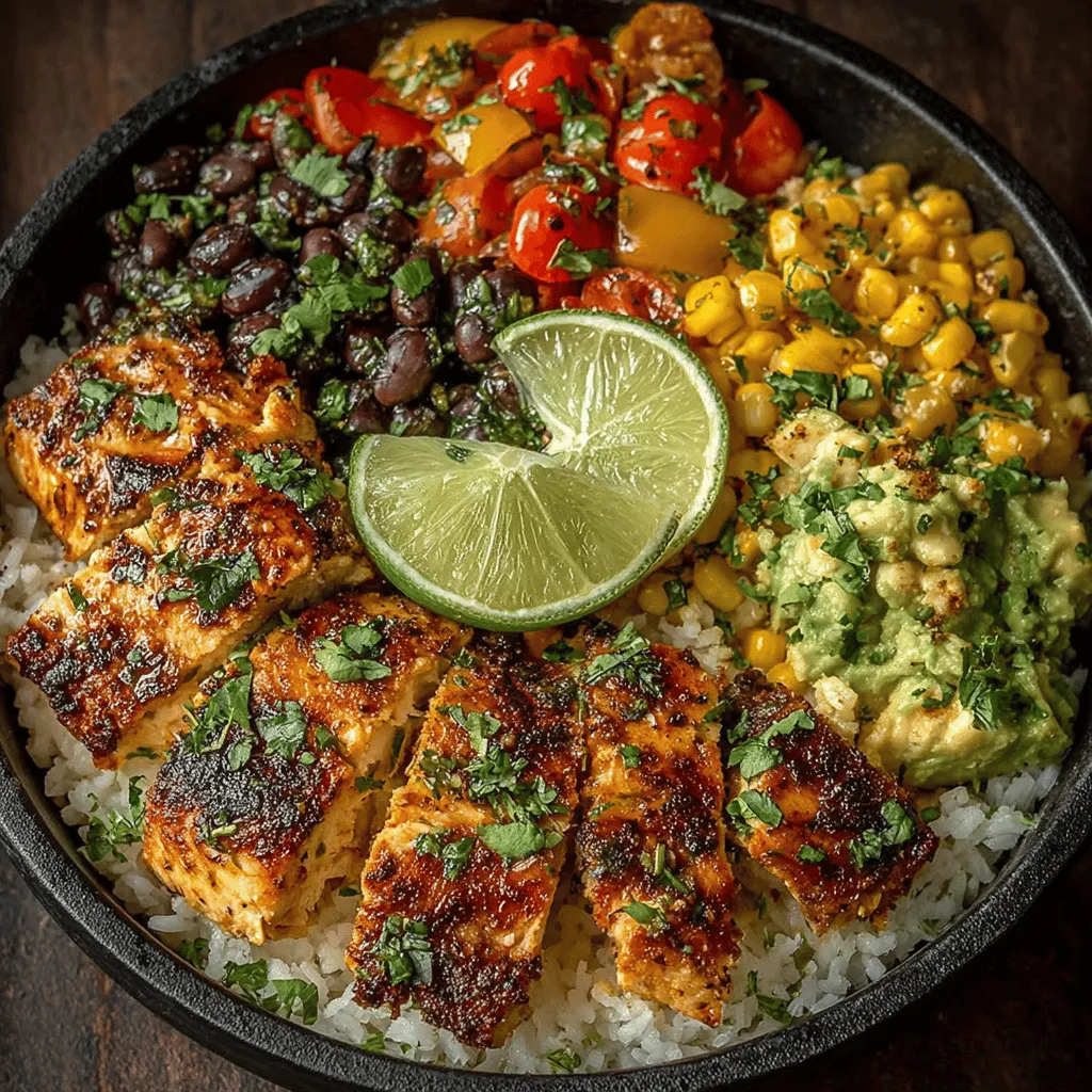 - 1 pound boneless, skinless chicken breasts - 2 tablespoons olive oil - 1 red bell pepper, sliced - 1 green bell pepper, sliced - 1 medium onion, sliced - 2 tablespoons fajita seasoning - 1 can (15 oz) black beans, drained and rinsed - 1 cup corn (fresh, frozen, or canned) - 1 avocado, diced - 1 cup cherry tomatoes, halved - Cooked rice (white, brown, or cauliflower rice, as preferred) - Optional toppings: sour cream, shredded cheese, cilantro, lime wedges