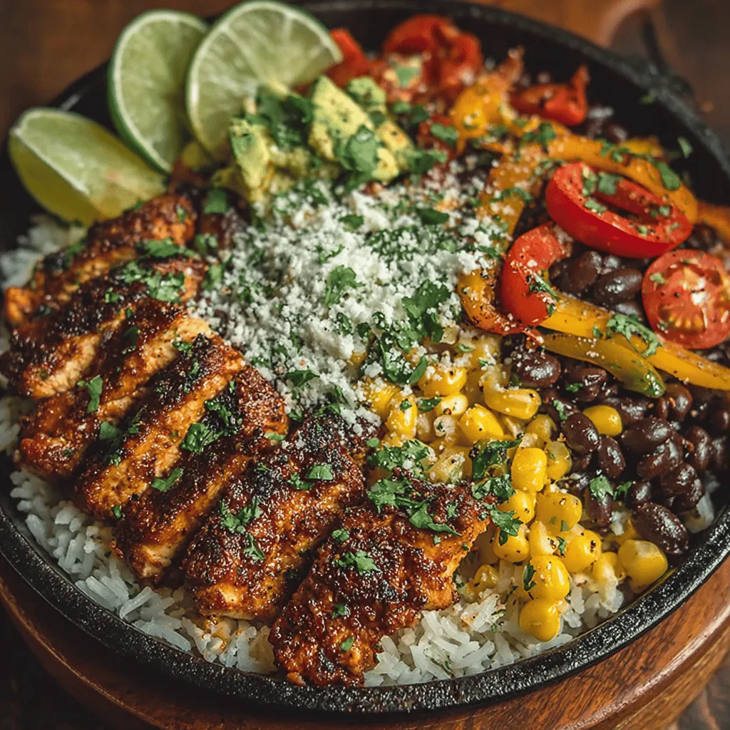 - 1 pound boneless, skinless chicken breasts - 2 tablespoons olive oil - 1 red bell pepper, sliced - 1 green bell pepper, sliced - 1 medium onion, sliced - 2 tablespoons fajita seasoning - 1 can (15 oz) black beans, drained and rinsed - 1 cup corn (fresh, frozen, or canned) - 1 avocado, diced - 1 cup cherry tomatoes, halved - Cooked rice (white, brown, or cauliflower rice, as preferred) - Optional toppings: sour cream, shredded cheese, cilantro, lime wedges