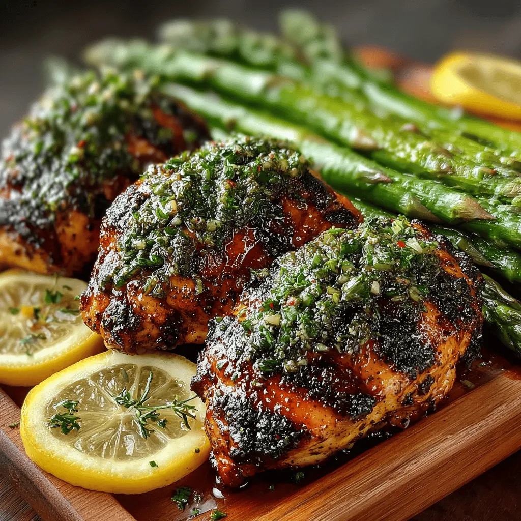 - 4 boneless, skinless chicken breasts - 1 bunch of fresh asparagus, trimmed - 1/4 cup olive oil - 2 lemons (juice and zest) - 3 cloves garlic, minced - 1 tablespoon fresh oregano, chopped - 1 tablespoon fresh thyme, chopped - Salt and pepper to taste