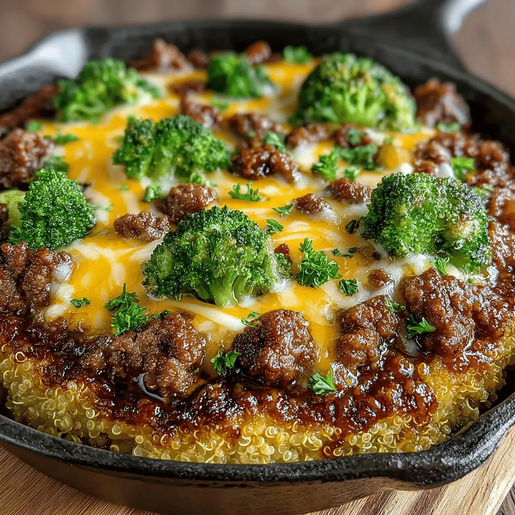 - 1 pound lean ground beef - 1 cup quinoa, rinsed - 2 cups broccoli florets - 1 medium onion, diced - 2 cloves garlic, minced - 2 cups beef broth - 1 cup shredded cheese (cheddar or your choice) - 2 tablespoons olive oil - Salt and pepper, to taste - Optional: red pepper flakes for added heat