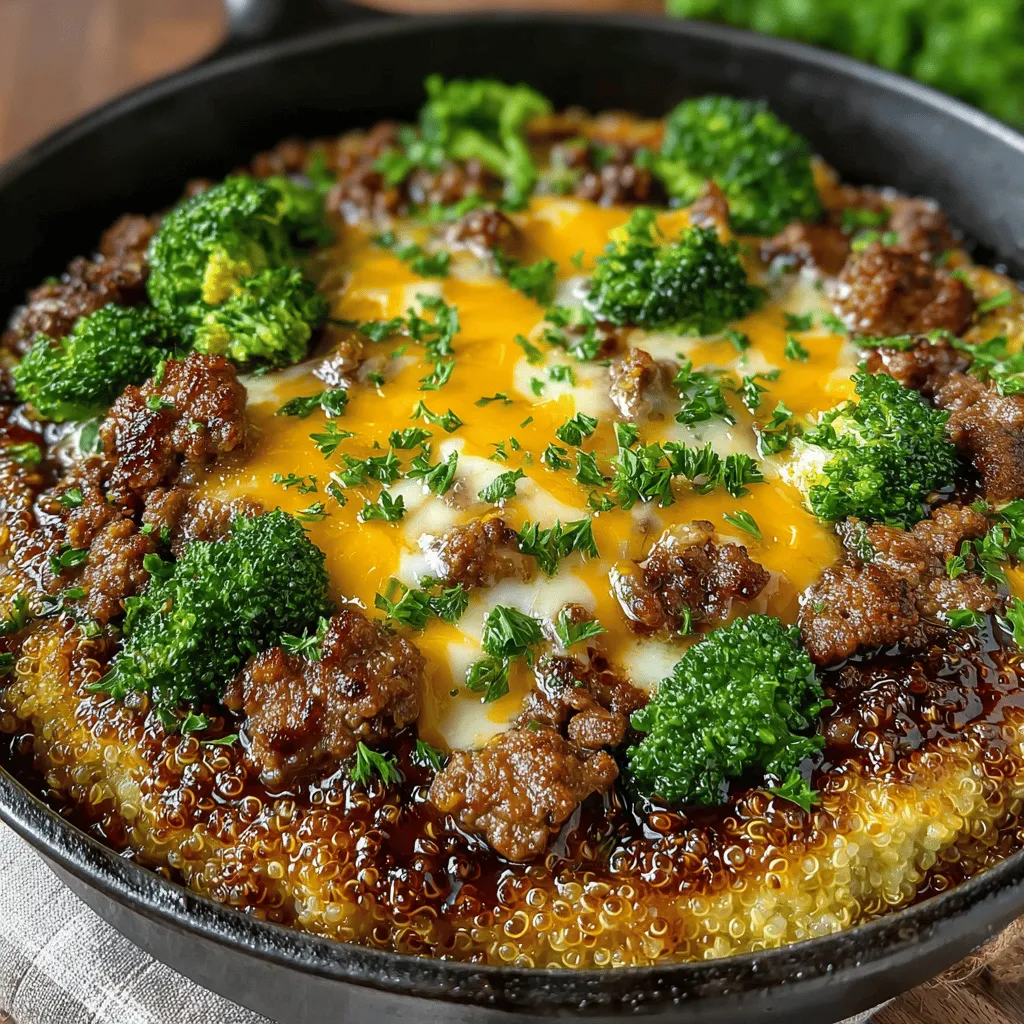 - 1 pound lean ground beef - 1 cup quinoa, rinsed - 2 cups broccoli florets - 1 medium onion, diced - 2 cloves garlic, minced - 2 cups beef broth - 1 cup shredded cheese (cheddar or your choice) - 2 tablespoons olive oil - Salt and pepper, to taste - Optional: red pepper flakes for added heat