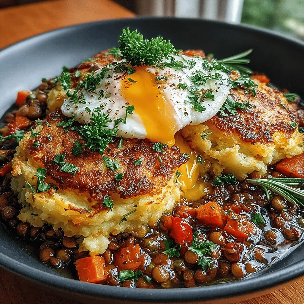 - 1 cup green or brown lentils, rinsed and drained - 4 cups vegetable broth or water - 1 medium onion, diced - 2 cloves garlic, minced - 2 medium carrots, diced - 2 celery stalks, diced - 1 cup frozen peas - 1 tablespoon tomato paste - 2 teaspoons Worcestershire sauce (or vegan alternative) - 1 teaspoon dried thyme - 1 teaspoon dried rosemary - Salt and pepper to taste - 4 large potatoes, peeled and cubed - 1/4 cup milk (or plant-based milk for vegan option) - 2 tablespoons butter (or vegan butter for vegan option) - Olive oil for sautéing