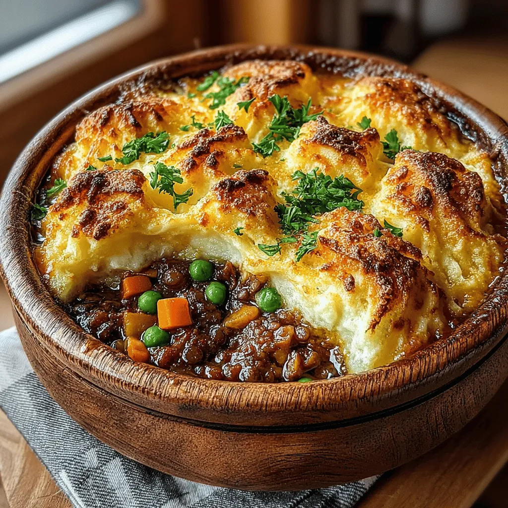 - 1 cup green or brown lentils, rinsed and drained - 4 cups vegetable broth or water - 1 medium onion, diced - 2 cloves garlic, minced - 2 medium carrots, diced - 2 celery stalks, diced - 1 cup frozen peas - 1 tablespoon tomato paste - 2 teaspoons Worcestershire sauce (or vegan alternative) - 1 teaspoon dried thyme - 1 teaspoon dried rosemary - Salt and pepper to taste - 4 large potatoes, peeled and cubed - 1/4 cup milk (or plant-based milk for vegan option) - 2 tablespoons butter (or vegan butter for vegan option) - Olive oil for sautéing