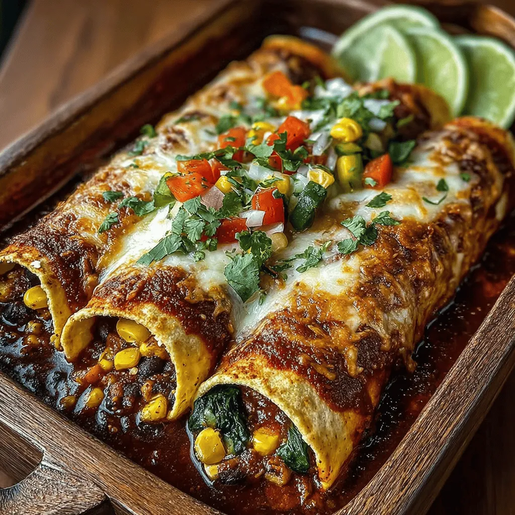 - 8 corn tortillas - 1 can (15 oz) black beans, drained and rinsed - 1 bell pepper, diced (any color) - 1 medium zucchini, diced - 1 small onion, diced - 2 cups fresh spinach, chopped - 1 teaspoon cumin - 1 teaspoon chili powder - 1 teaspoon smoked paprika - 2 cups enchilada sauce (store-bought or homemade) - 1 tablespoon olive oil - Salt and pepper to taste - Optional toppings: avocado, cilantro, or vegan cheese