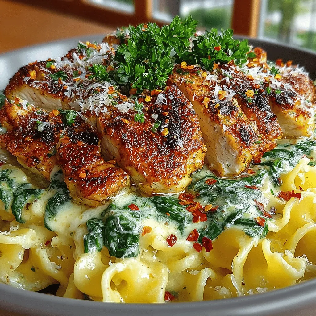 - 8 ounces of pasta (fettuccine or penne recommended) - 1 pound boneless, skinless chicken breasts - 3 cloves garlic, minced - 4 cups fresh spinach - 1 cup heavy cream - 1 tablespoon Dijon mustard - ½ cup grated Parmesan cheese - Salt and pepper to taste - Optional: red pepper flakes for heat - Fresh parsley, chopped for garnish