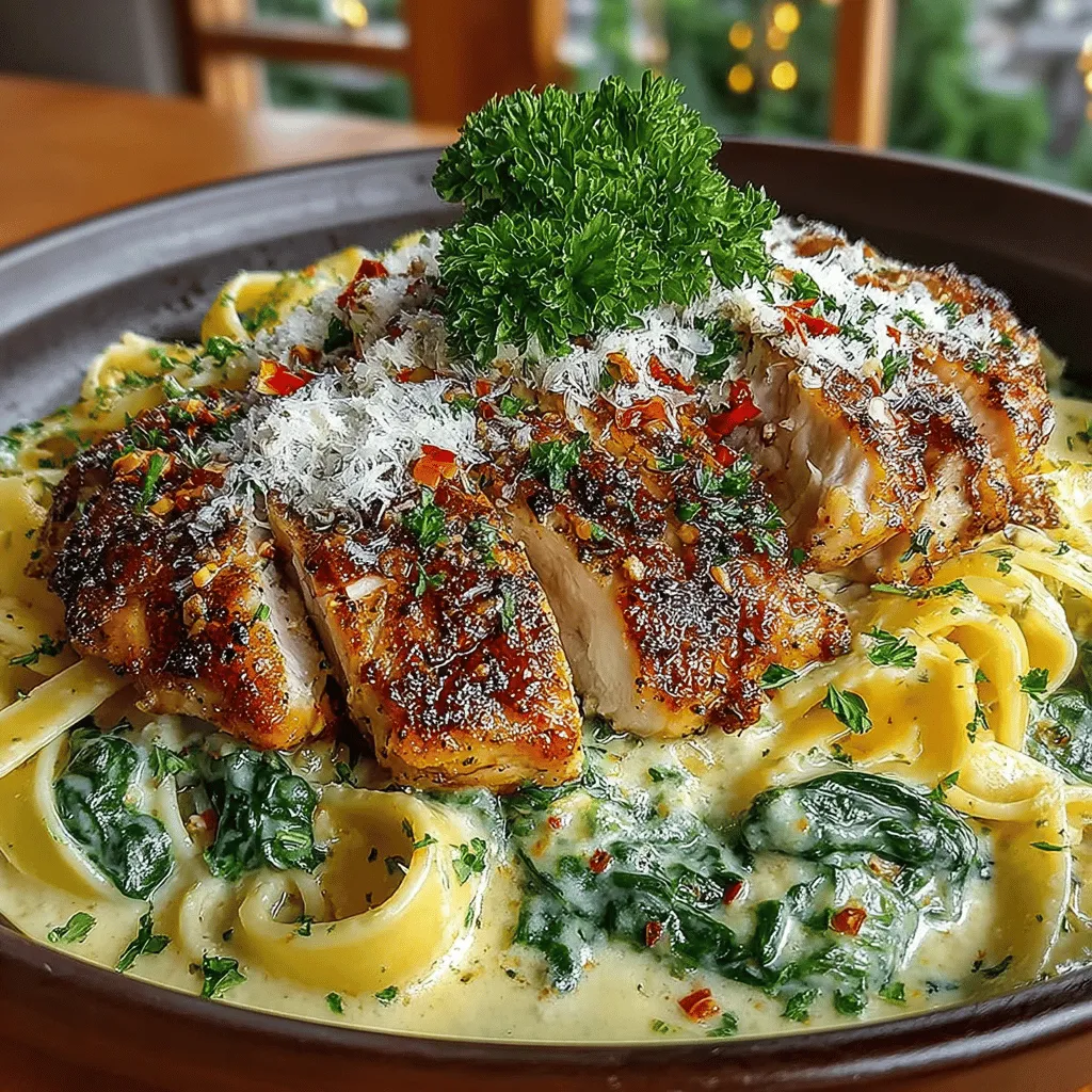 - 8 ounces of pasta (fettuccine or penne recommended) - 1 pound boneless, skinless chicken breasts - 3 cloves garlic, minced - 4 cups fresh spinach - 1 cup heavy cream - 1 tablespoon Dijon mustard - ½ cup grated Parmesan cheese - Salt and pepper to taste - Optional: red pepper flakes for heat - Fresh parsley, chopped for garnish