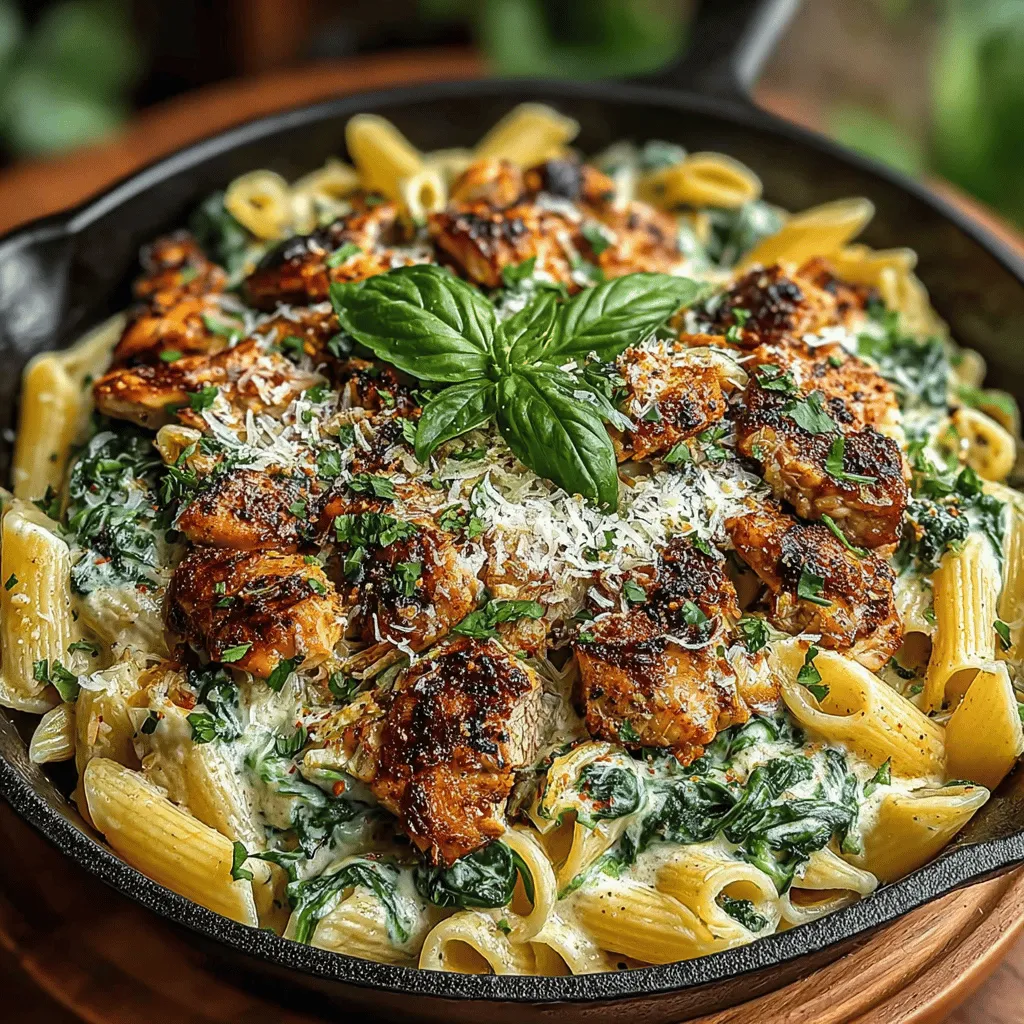 - 8 ounces penne pasta - 1 pound boneless, skinless chicken breasts - 2 tablespoons olive oil - 3 cloves garlic, minced - 1 small onion, diced - 4 cups fresh spinach - 1 cup chicken broth - 1 cup heavy cream - 1 cup grated Parmesan cheese - 1 teaspoon Italian seasoning - Salt and pepper to taste