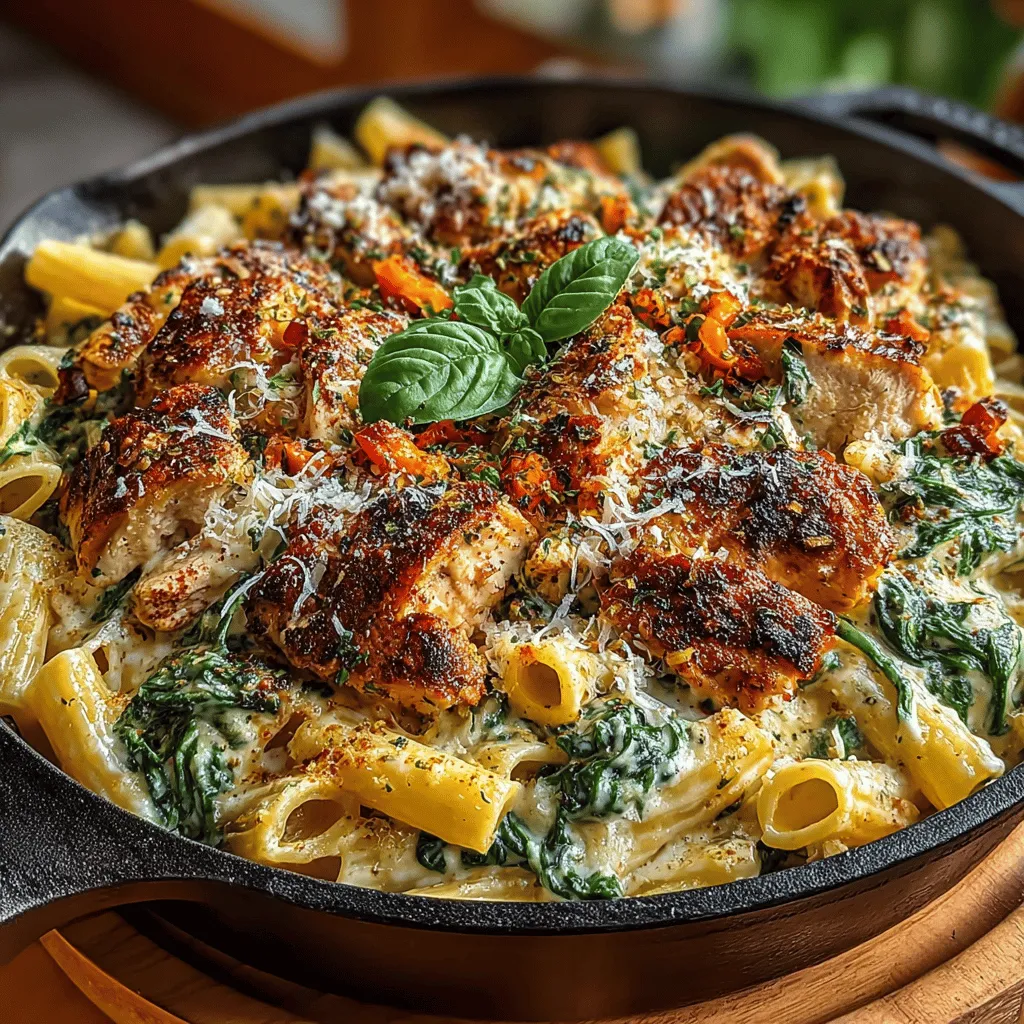 - 8 ounces penne pasta - 1 pound boneless, skinless chicken breasts - 2 tablespoons olive oil - 3 cloves garlic, minced - 1 small onion, diced - 4 cups fresh spinach - 1 cup chicken broth - 1 cup heavy cream - 1 cup grated Parmesan cheese - 1 teaspoon Italian seasoning - Salt and pepper to taste