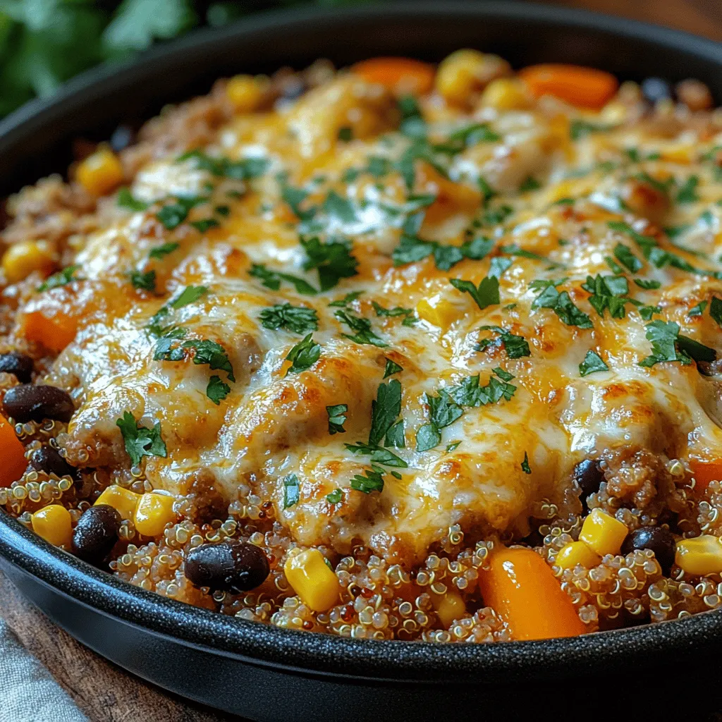 - 1 pound ground beef - 1 cup quinoa, rinsed and drained - 2 cups beef broth (or water) - 1 cup diced onions - 1 cup diced bell peppers (any color) - 1 cup frozen corn - 1 teaspoon chili powder - 1 teaspoon cumin - 1 teaspoon smoked paprika - Salt and pepper to taste - 1 cup shredded cheese (cheddar or a blend) - Optional: fresh cilantro or green onions for garnish