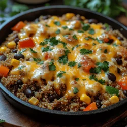 - 1 pound ground beef - 1 cup quinoa, rinsed and drained - 2 cups beef broth (or water) - 1 cup diced onions - 1 cup diced bell peppers (any color) - 1 cup frozen corn - 1 teaspoon chili powder - 1 teaspoon cumin - 1 teaspoon smoked paprika - Salt and pepper to taste - 1 cup shredded cheese (cheddar or a blend) - Optional: fresh cilantro or green onions for garnish