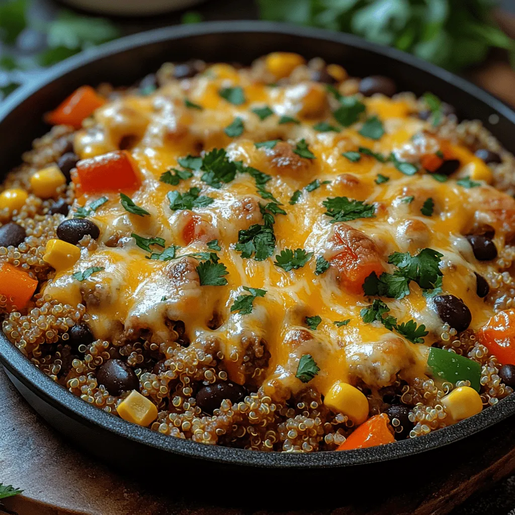 - 1 pound ground beef - 1 cup quinoa, rinsed and drained - 2 cups beef broth (or water) - 1 cup diced onions - 1 cup diced bell peppers (any color) - 1 cup frozen corn - 1 teaspoon chili powder - 1 teaspoon cumin - 1 teaspoon smoked paprika - Salt and pepper to taste - 1 cup shredded cheese (cheddar or a blend) - Optional: fresh cilantro or green onions for garnish