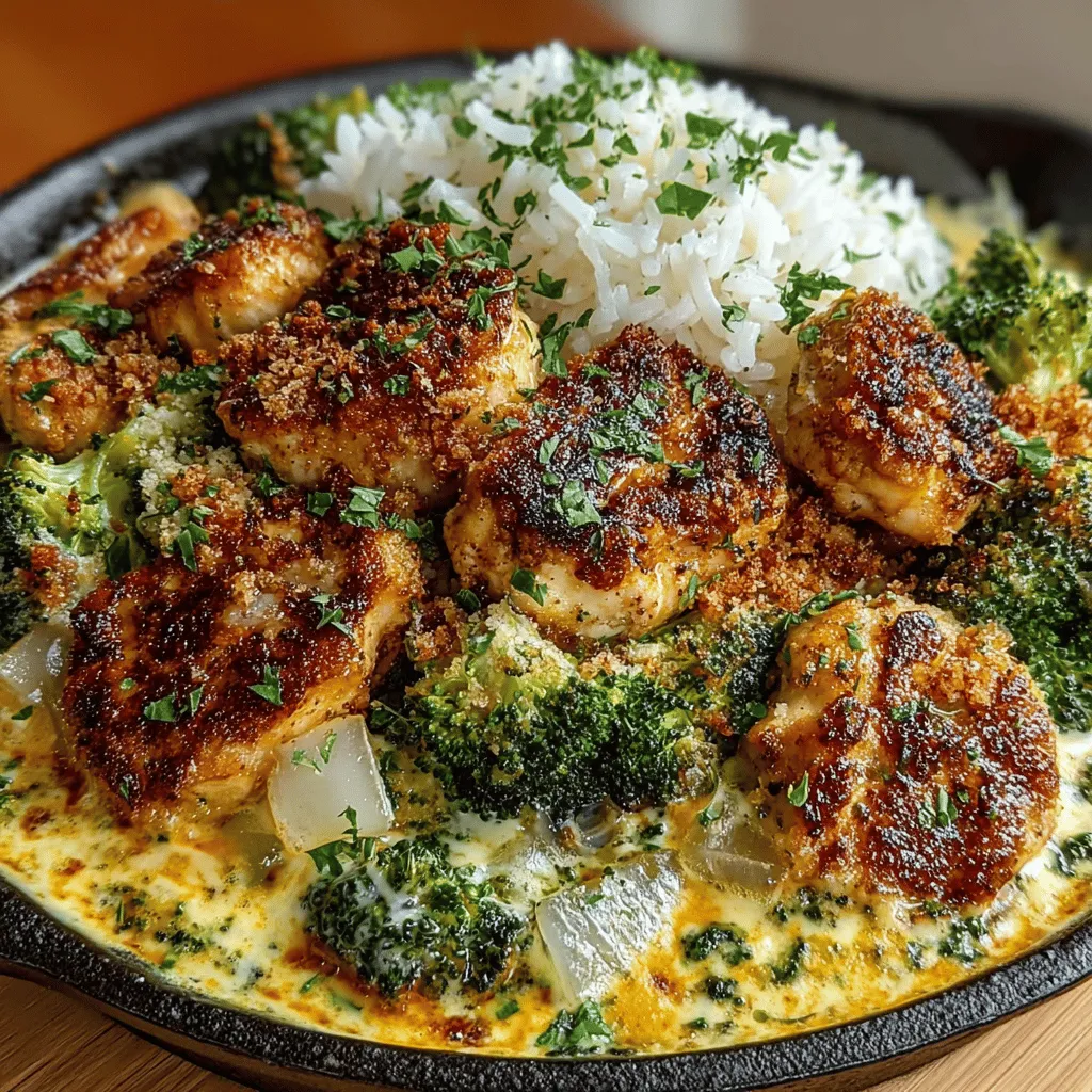 - 1 pound boneless, skinless chicken breasts - 2 cups broccoli florets - 1 cup heavy cream - 1 cup shredded cheddar cheese - 2 tablespoons olive oil - 2 cloves garlic, minced - 1 teaspoon salt - 1/2 teaspoon black pepper - 1 teaspoon onion powder - 1 teaspoon paprika - Optional: 1 cup cooked rice or pasta