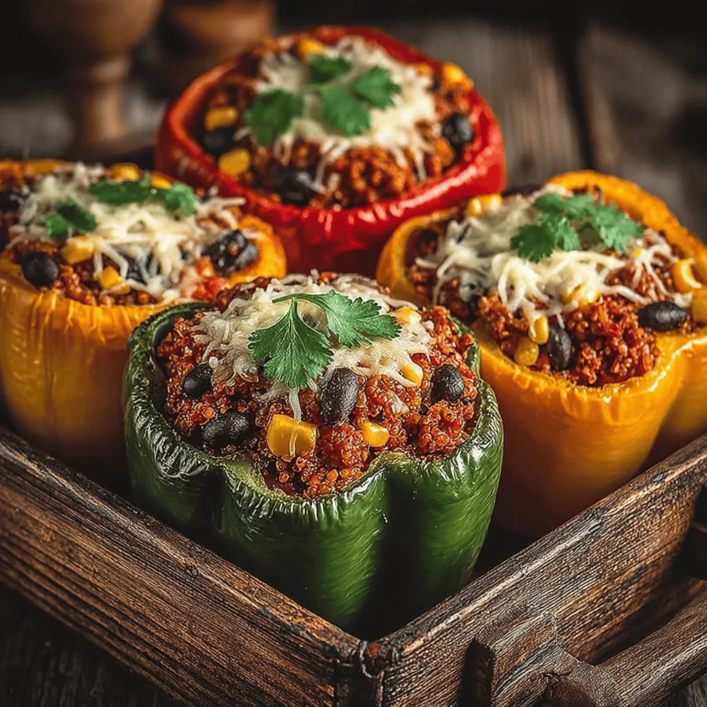 - 4 large bell peppers (any color) - 1 cup quinoa, rinsed - 1 pound ground turkey - 1 can (15 oz) black beans, drained and rinsed - 1 cup corn (fresh or frozen) - 1 small onion, diced - 2 cloves garlic, minced - 1 teaspoon ground cumin - 1 teaspoon smoked paprika - Salt and pepper to taste - 1 cup shredded cheese (cheddar or your choice) - 2 tablespoons olive oil - Fresh cilantro for garnish (optional)