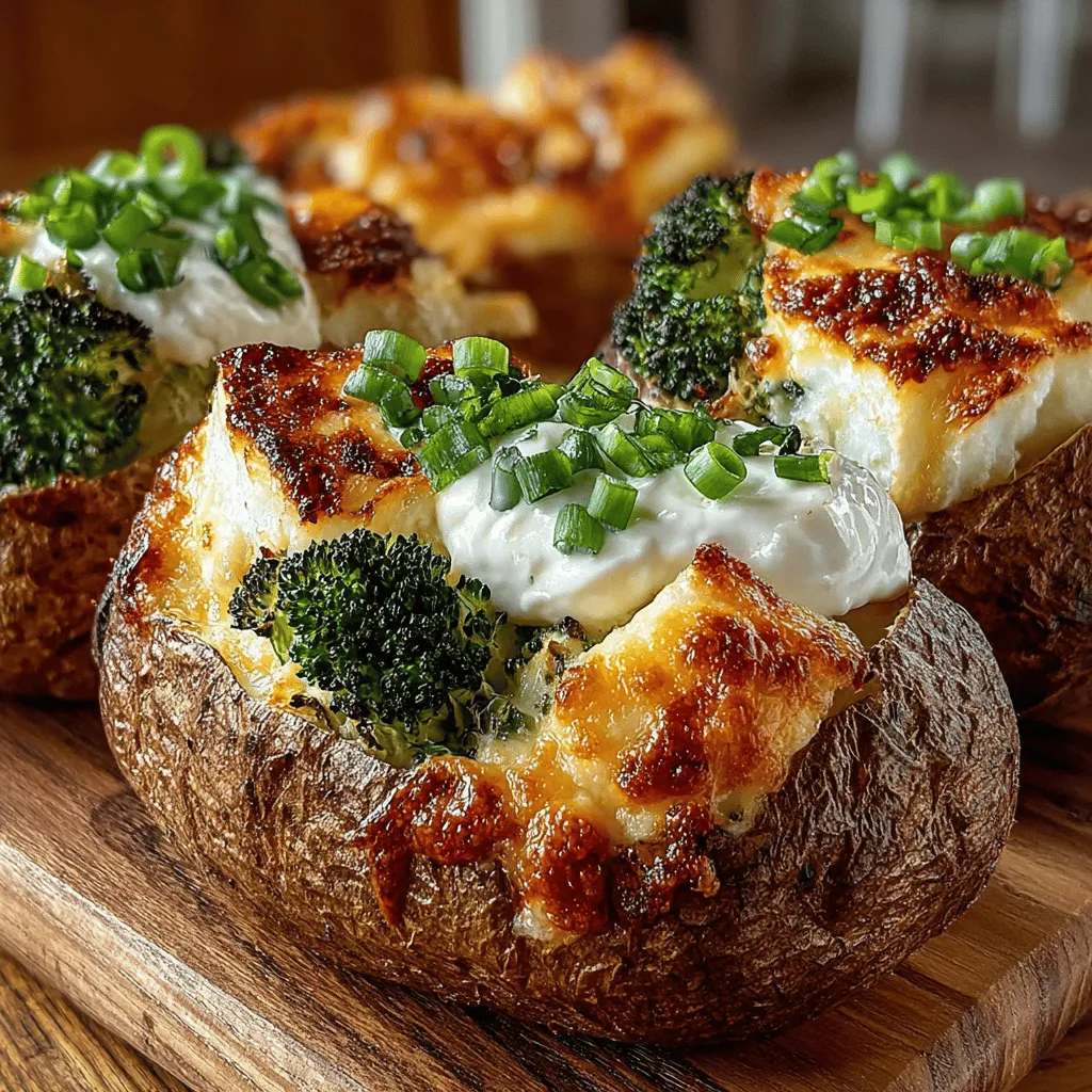 - 4 large Russet potatoes - 2 cups fresh broccoli florets - 1 cup sharp cheddar cheese, shredded - 1/2 cup sour cream - 1/4 cup unsalted butter, melted - 1 teaspoon garlic powder - 1 teaspoon onion powder - Salt and pepper to taste - 2 green onions, sliced (for garnish)