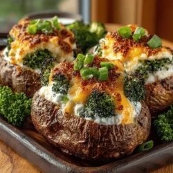 - 4 large Russet potatoes - 2 cups fresh broccoli florets - 1 cup sharp cheddar cheese, shredded - 1/2 cup sour cream - 1/4 cup unsalted butter, melted - 1 teaspoon garlic powder - 1 teaspoon onion powder - Salt and pepper to taste - 2 green onions, sliced (for garnish)