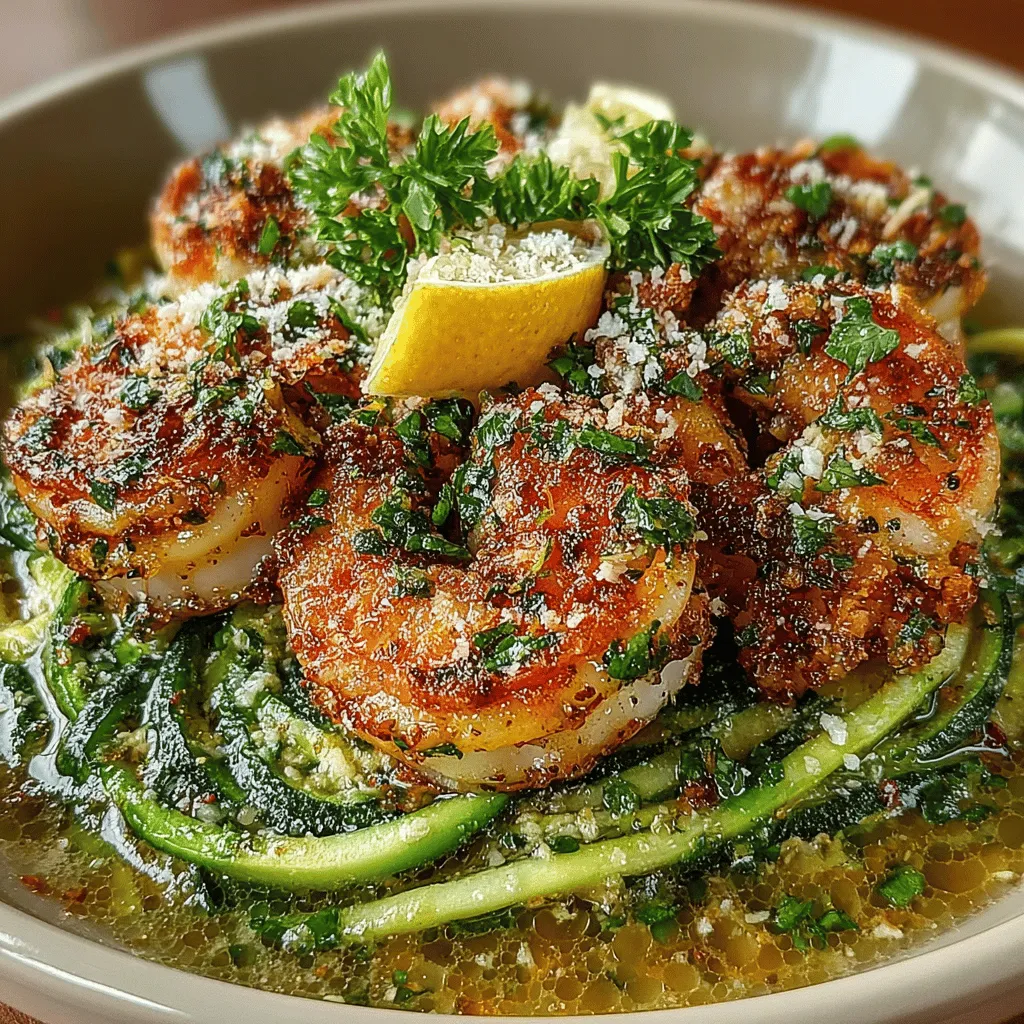 - 1 pound large shrimp, peeled and deveined - 2 medium zucchinis - 4 cloves garlic, minced - 3 tablespoons olive oil - Juice and zest of 1 lemon - 1/2 teaspoon red pepper flakes (adjust to taste) - Salt and pepper to taste - Fresh parsley, chopped (for garnish) - Optional: Grated Parmesan cheese for serving
