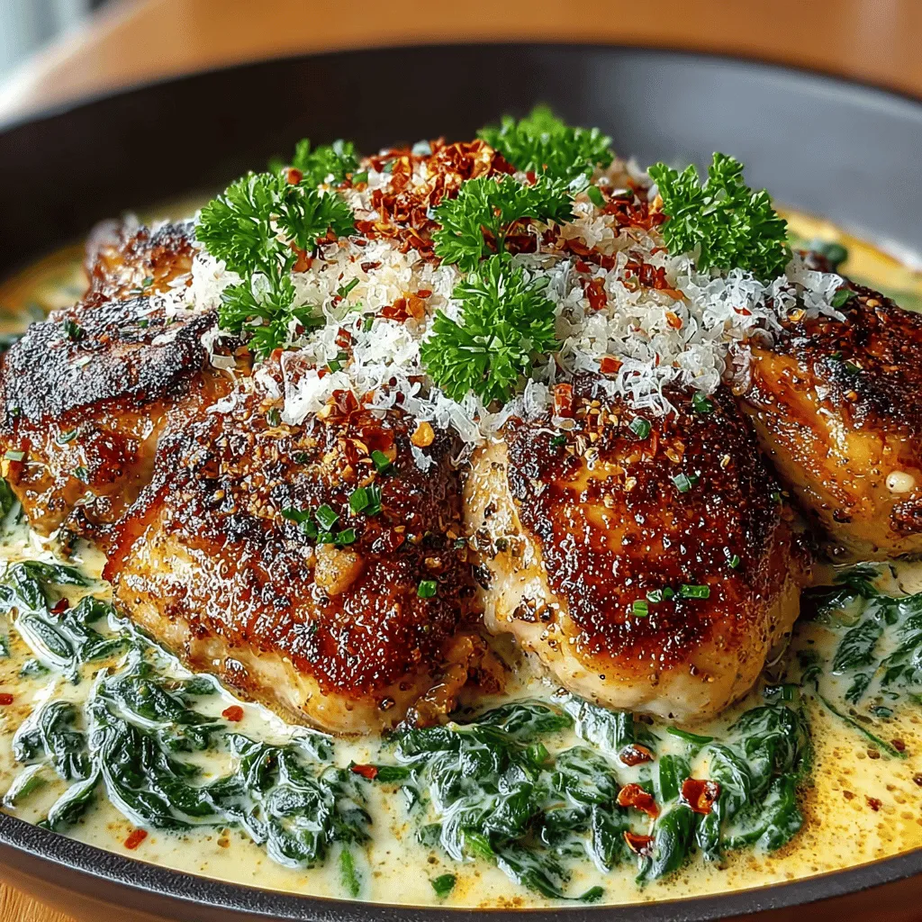 Garlicky Bliss: Creamy Garlic Chicken and Spinach Skillet is a delightful dish that elevates your weeknight dinners with its rich flavors and creamy texture. Combining tender chicken, vibrant spinach, and a luscious garlic sauce, this recipe is not only satisfying but also incredibly versatile. Whether you're hosting a special gathering or simply looking to whip up something comforting after a long day, this dish is sure to impress with its balance of taste and nutrition.