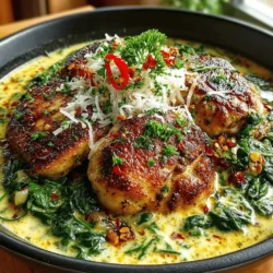 Garlicky Bliss: Creamy Garlic Chicken and Spinach Skillet is a delightful dish that elevates your weeknight dinners with its rich flavors and creamy texture. Combining tender chicken, vibrant spinach, and a luscious garlic sauce, this recipe is not only satisfying but also incredibly versatile. Whether you're hosting a special gathering or simply looking to whip up something comforting after a long day, this dish is sure to impress with its balance of taste and nutrition.