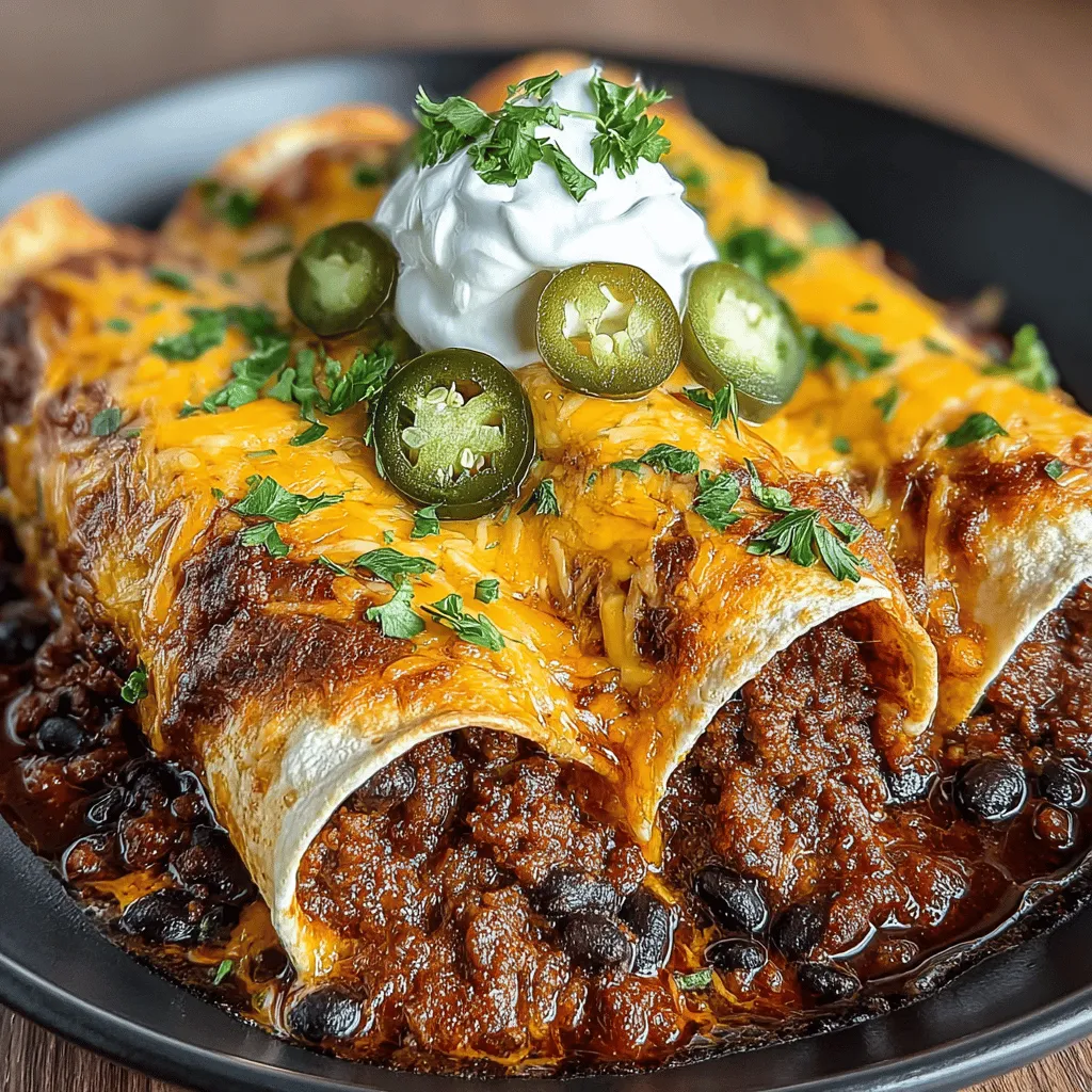 - 1 lb ground beef - 1 can (15 oz) black beans, drained and rinsed - 1 medium onion, finely chopped - 3 cloves garlic, minced - 1 cup shredded cheese (cheddar or a Mexican blend) - 8 corn or flour tortillas - 1 can (10 oz) enchilada sauce - 1 tsp chili powder - 1 tsp ground cumin - 1 tsp smoked paprika - Salt and pepper to taste - Olive oil for cooking