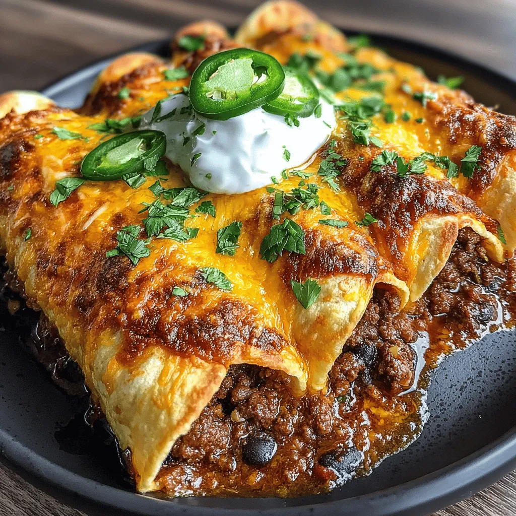 - 1 lb ground beef - 1 can (15 oz) black beans, drained and rinsed - 1 medium onion, finely chopped - 3 cloves garlic, minced - 1 cup shredded cheese (cheddar or a Mexican blend) - 8 corn or flour tortillas - 1 can (10 oz) enchilada sauce - 1 tsp chili powder - 1 tsp ground cumin - 1 tsp smoked paprika - Salt and pepper to taste - Olive oil for cooking