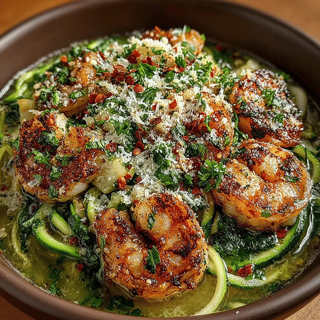 - 1 pound large shrimp, peeled and deveined - 2 medium zucchinis, spiralized into noodles - 4 cloves garlic, minced - 1 lemon, juiced and zested - 3 tablespoons olive oil - Salt and pepper to taste - 1/4 teaspoon red pepper flakes (optional) - Fresh parsley, chopped (for garnish) - Grated Parmesan cheese (for serving, optional)