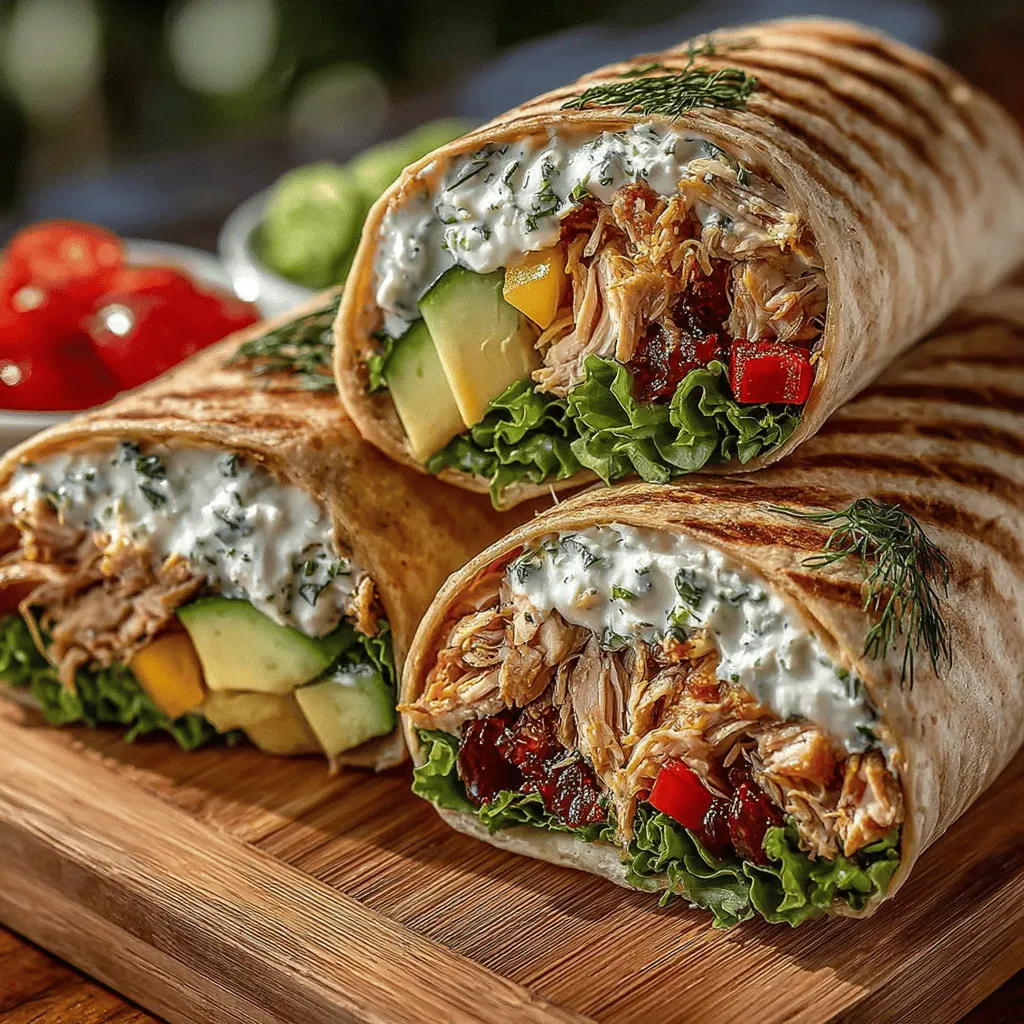 - 2 cups cooked chicken breast, shredded or diced - 1 cup plain Greek yogurt - 1 red bell pepper, diced - 1 cucumber, diced - 1/4 red onion, finely chopped - 2 tablespoons fresh dill, chopped - 1 tablespoon Dijon mustard - 1 tablespoon lemon juice - Salt and pepper to taste - Whole grain or spinach tortillas