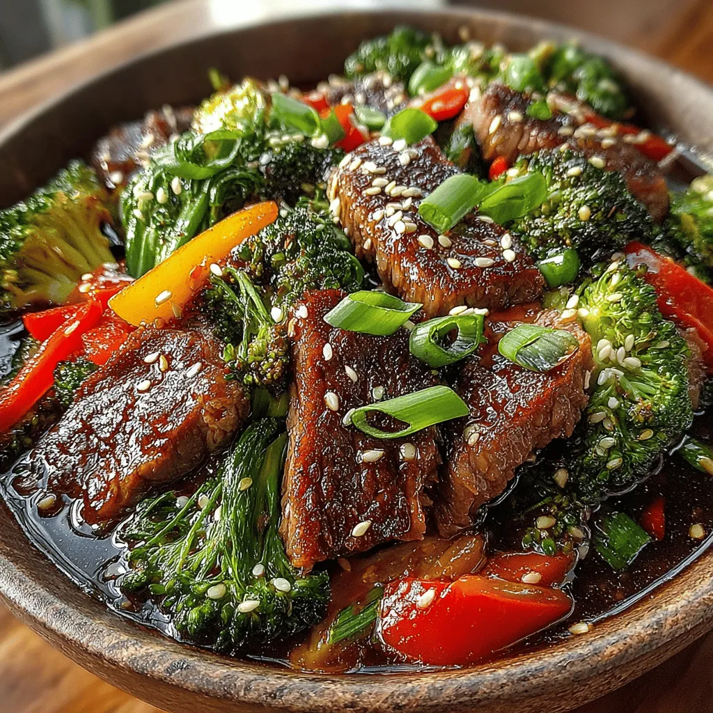 - 1 lb flank steak, thinly sliced against the grain - 2 cups fresh broccoli florets - 1 cup bell peppers, sliced (red or yellow for color) - 3 cloves garlic, minced - 1 inch ginger, minced - 1/4 cup soy sauce - 2 tablespoons oyster sauce - 1 tablespoon sesame oil - 1 tablespoon cornstarch - 2 tablespoons vegetable oil (for cooking) - Salt and pepper to taste - Cooked rice or noodles (for serving)