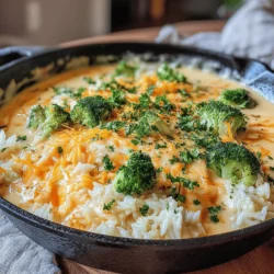 The Cheesy Delight Skillet is a heartwarming dish that combines creamy textures with robust flavors, making it a perfect option for any dinner table. This one-pan meal features long-grain white rice and vibrant broccoli, all enveloped in a rich cheddar cheese sauce that is sure to please both kids and adults alike. With its comforting essence, this dish not only satisfies hunger but also serves as a reminder of home-cooked meals that bring joy and warmth.