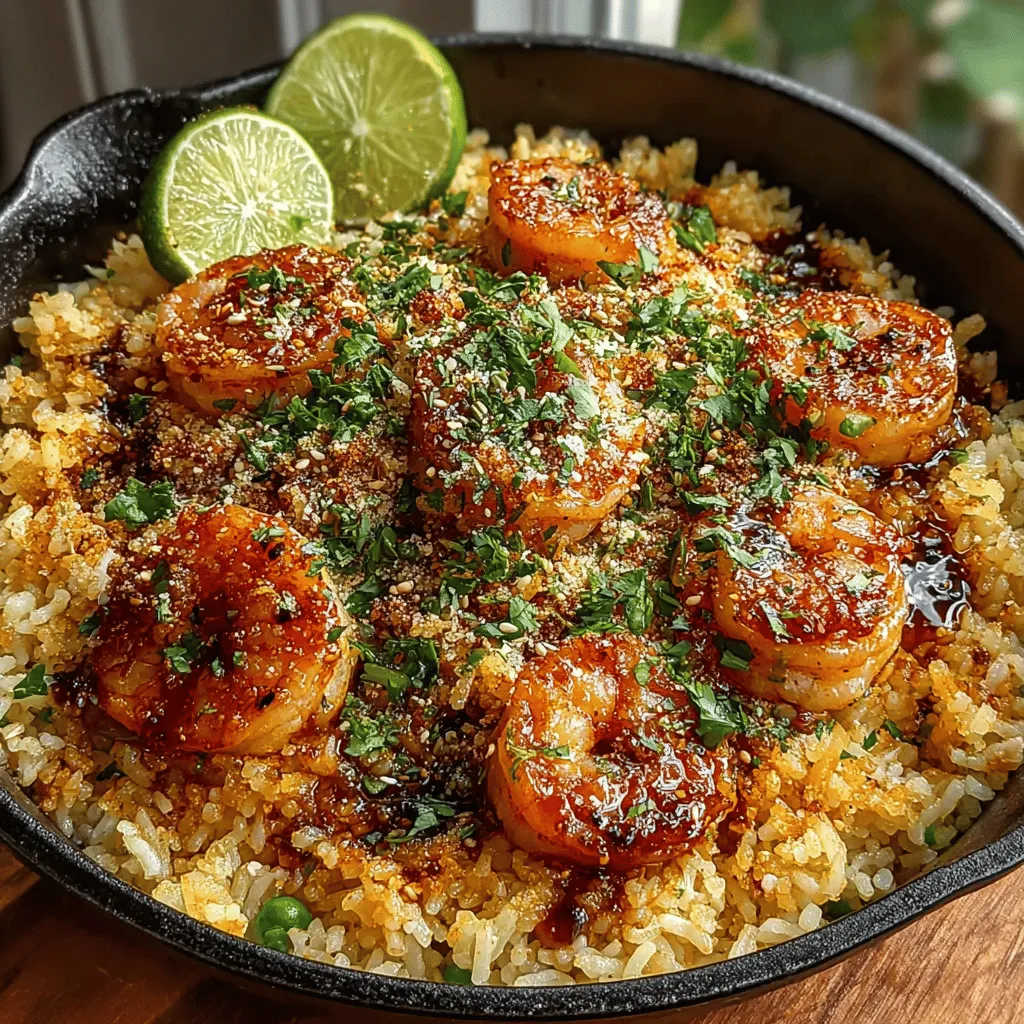 - 1 pound large shrimp, peeled and deveined - 3 cups day-old jasmine rice - 1 cup sweet peas (fresh or frozen) - 2 tablespoons soy sauce - 1 tablespoon oyster sauce - 2 cloves garlic, minced - 1 small onion, diced - 1 tablespoon fresh ginger, minced - 2 large eggs, beaten - 3 tablespoons vegetable oil - Salt and pepper to taste - Optional: Fresh cilantro for garnish - Optional: Lime wedges for serving